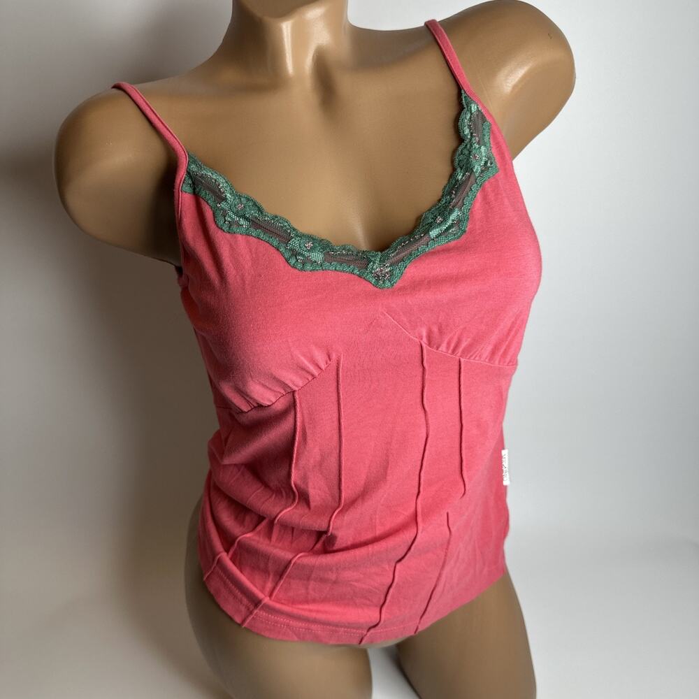 Migaino Womens Small Pink Green Lace Beaded Cami Tank Top Coquette Romantic Y2K
